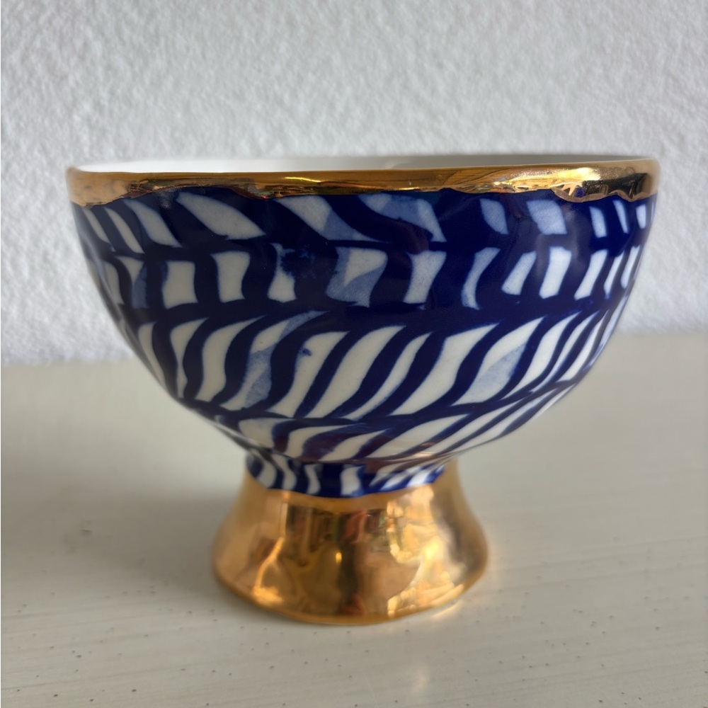 Ruan Hoffman Anthropologie Blue White and Gold vase bowl